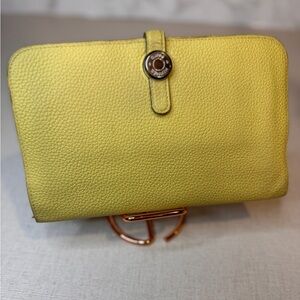 Hermes Dogon Pebbled Leather Long Wallet Lime Green/Yellow Includes Pouch COA